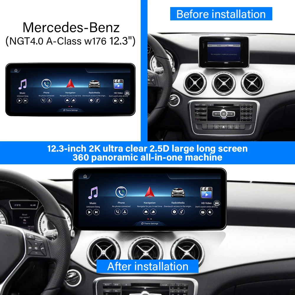 A Class NGT4.0 W176 Android Car Screen 12.3 Inch Wireless CarPlay Android Auto Bluetooth Car Dvd Player for for Mercedes Benz
