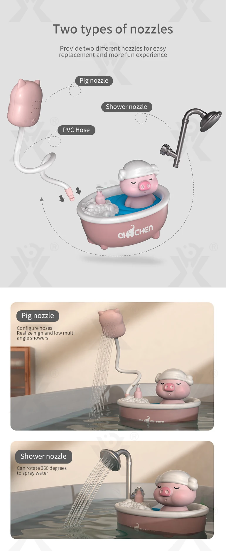 Chengji best-selling summer children's bathtub electric sprinkler plastic cute baby pig bath toy with shower head