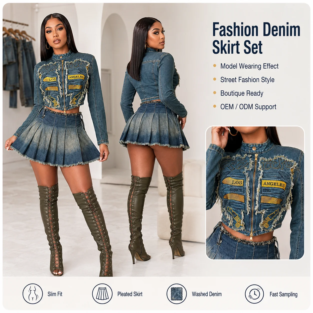 Fashion 2025 Clothing Women Boutique Casual Women Denim Outfit Long Sleeve Embroidery Jacket and Mini Skirt 2 Piece Set
