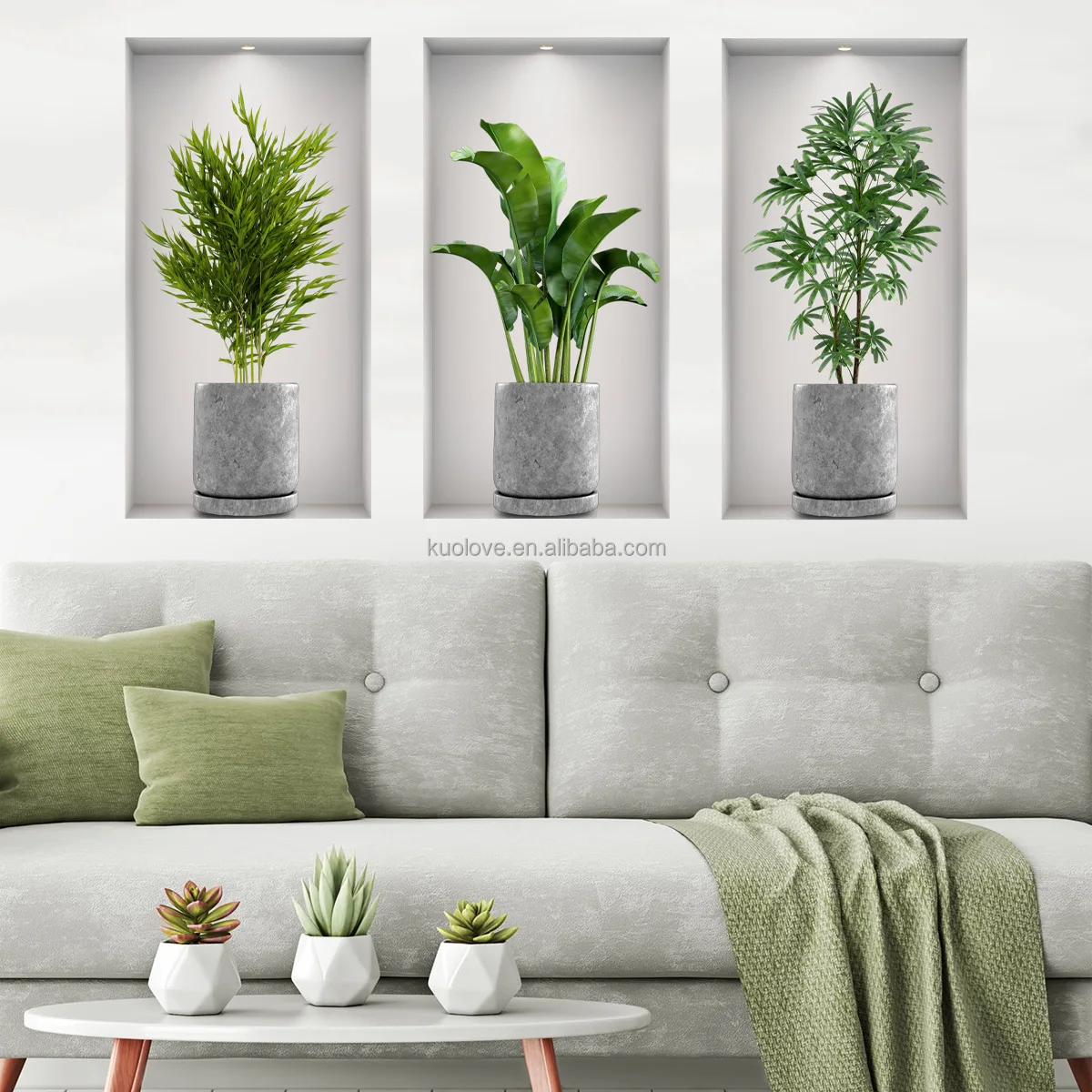 3 Autocollants Muraux 3D Plantes En Pot – Stickers Végétaux Réalistes 28×49 Cm, Imperméables, Salon Chambre Cuisine