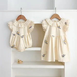 Cotton Comfort Doll Collar Print Baby Casual Dress First Birthday Floral Crawl Suit with Pleated Sleeves