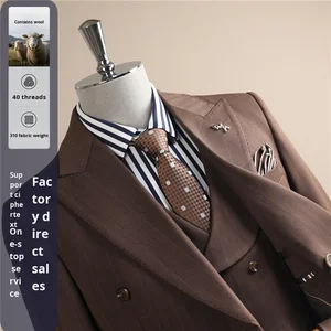 High-End Men's Double-Breasted V-neck Anti-shrink Worsted Wool Striped Formal Groom Suit Wrinkle-Resistant Textured Zipper Fly