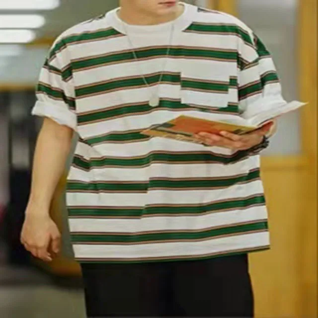 Spring Summer Japanese Regular comfort and Fashion Casual Basic Slim Loose Stripe Pullover Men Tee Short Sleeve