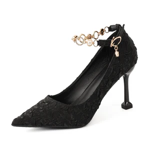 Chic Comfortable Summer Women's Black Textured Fabric Pointed-Toe Stiletto Heel Pumps with Pearl & Rhinestone Ankle Chain