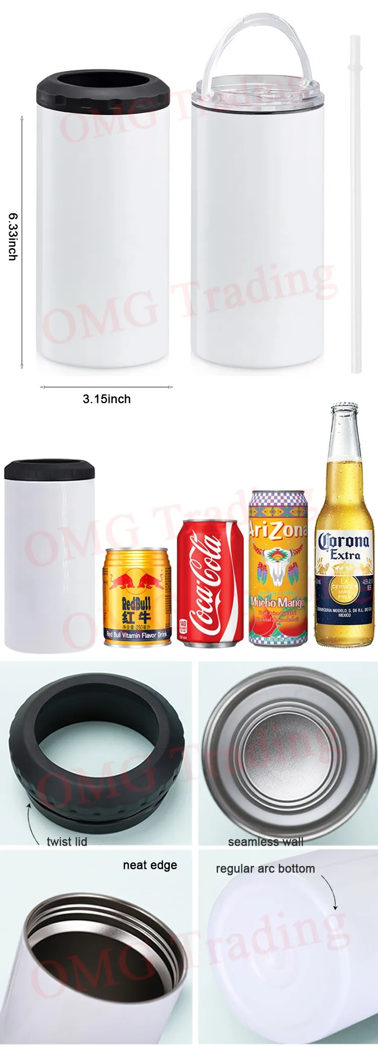 Usa Warehouse 4in1 Stainless Steel Skinny Sublimation Can Cooler 12oz 16oz Insulated Slim Beer