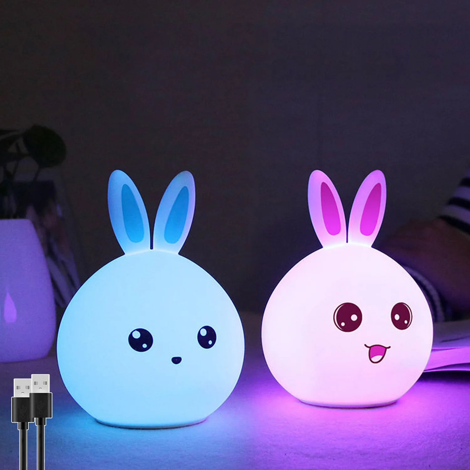 LED Silicone Rabbit Touch Sensor  Lamp with USB Charge 7 Color Pat Lamp Bedside Night Light for Child