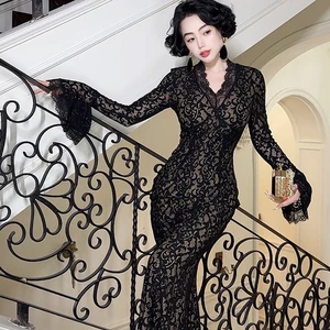 ZYHT 73928 Sexy Bodycon Fish Tails Mermaid Long Flared Sleeves Black Brown Grey Color Elegant Formal Casual Dress Gown