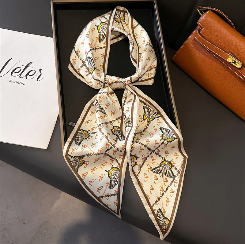 Fashion Office Lady Flower Printed Skinny Satin Silk Ribbon Scarf