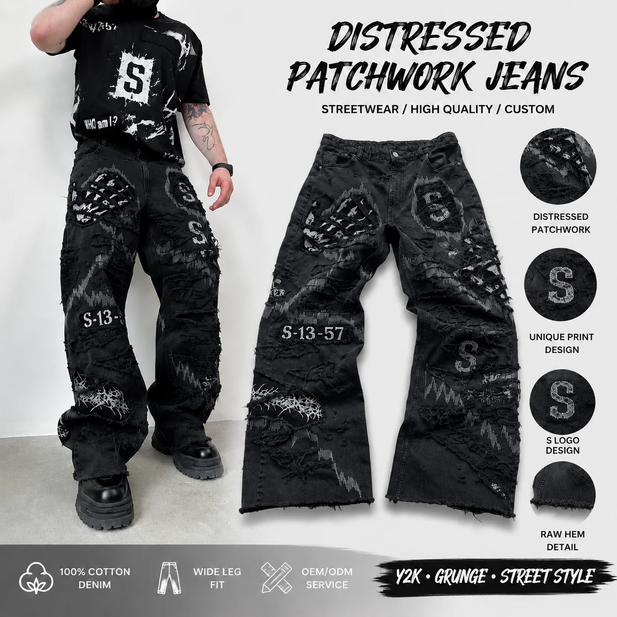 Wholesale Custom Logo Black Distressed Patchwork Denim Jeans Raw Hem Baggy Wide Leg Streetwear Vintage Wear Men Denim Jeans