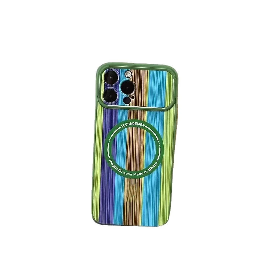 High-Precision Large View Window UV Printed Colorful Wood Grain StripeMobile Phone Case For iPhone11 12 13 14 15 Pro Max Plus