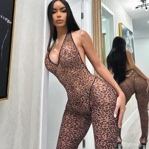 P4416222W Summer New Women's One Piece Romper Leopard Print Sexy V-neck Halter Sleeveless Jumpsuit Casual Bodysuit Women