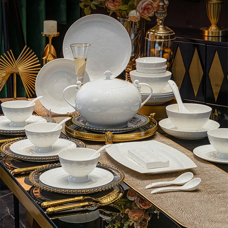 Embossed Flower Fine Bone China Dinnerware Set White Ceramic Soup Bowls  Spoon Dinner Dishes and Plates Sets