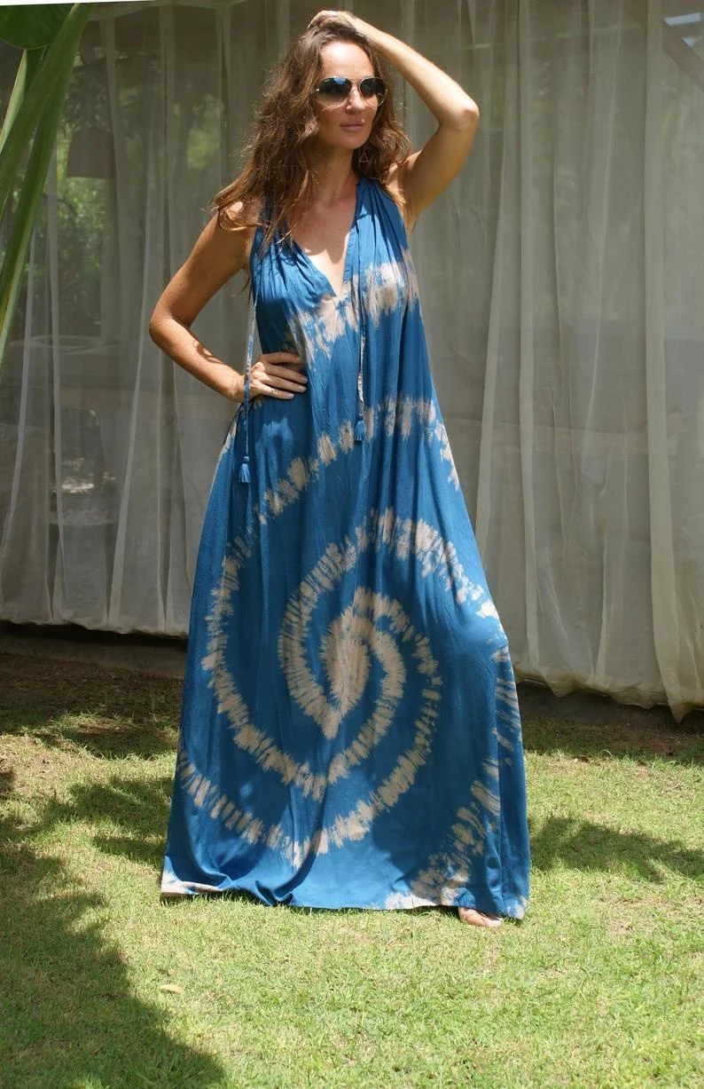 Classy Bright Blue Long Loose Fit Casual Rayon Tie Dye Boho Maxi Dress with Side Pocket Sexy Cleavage Tassels & V-Neck Classy Bright Blue Long Loose Fit Casual Rayon Tie Dye Boho Maxi Dress with Side Pocket Sexy Cleavage Tassels & V-Neck