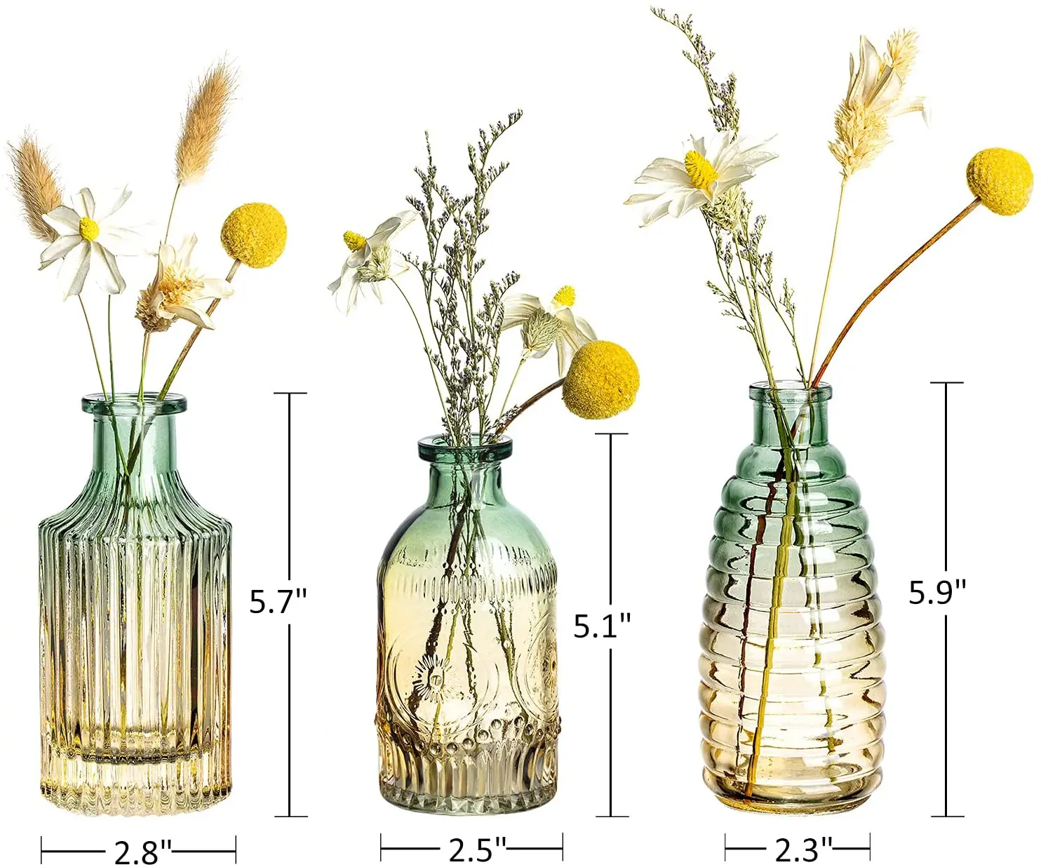Colored Glass Bud Vase Set of 3 Vintage Embossed Small Flower Vase for Home Farmhouse Dining Table Party Decor