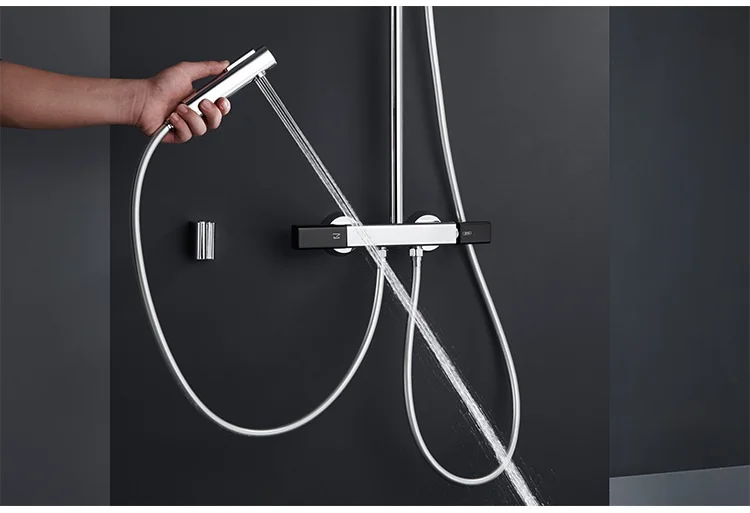 Sistema de ducha de lluvia expuesta montado en la pared para baño frío y caliente cromado negro