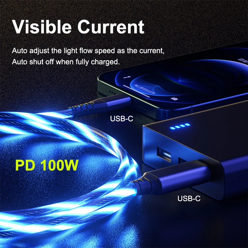 LC5A 100W 5A LED Super Fast Charging Data Cables Quick Charger Glowing Type C to USB C  Cable for Mobile Phone Laptop Tablets