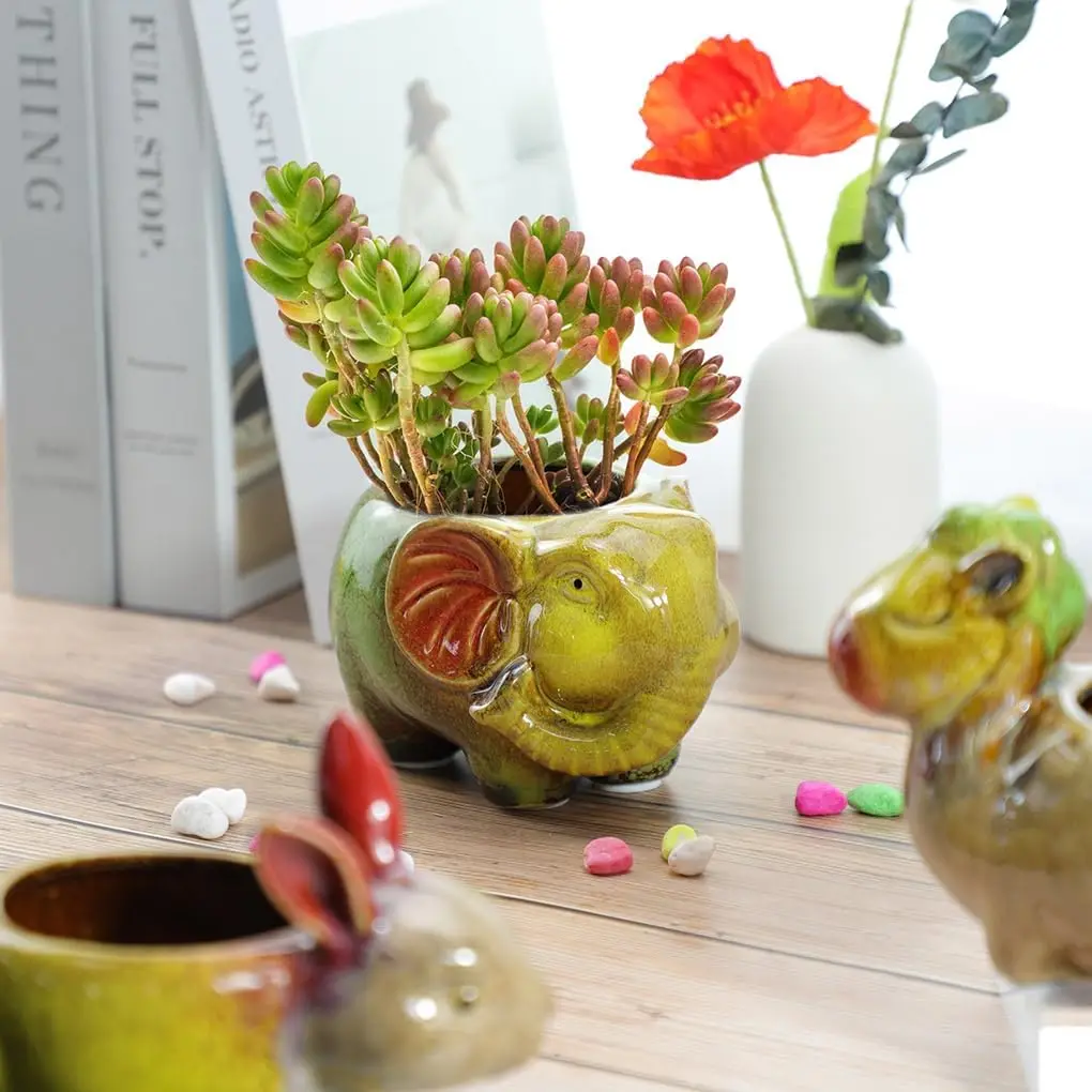 Indoor Plant Small Succulent Pots with Drainage Cute Animal Ceramic Flower Pot Succulent Planter for Home Office Desk Decoration