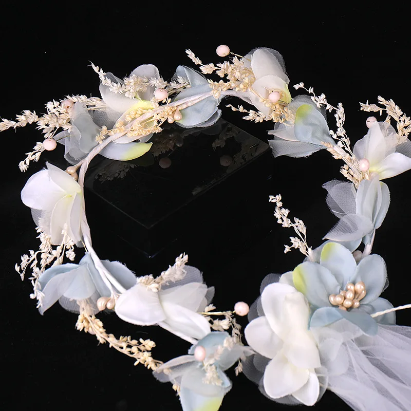Женский Венок с цветами, Свадебные короны и фаты синего и белого цветов, аксессуары для волос, Прямая поставка