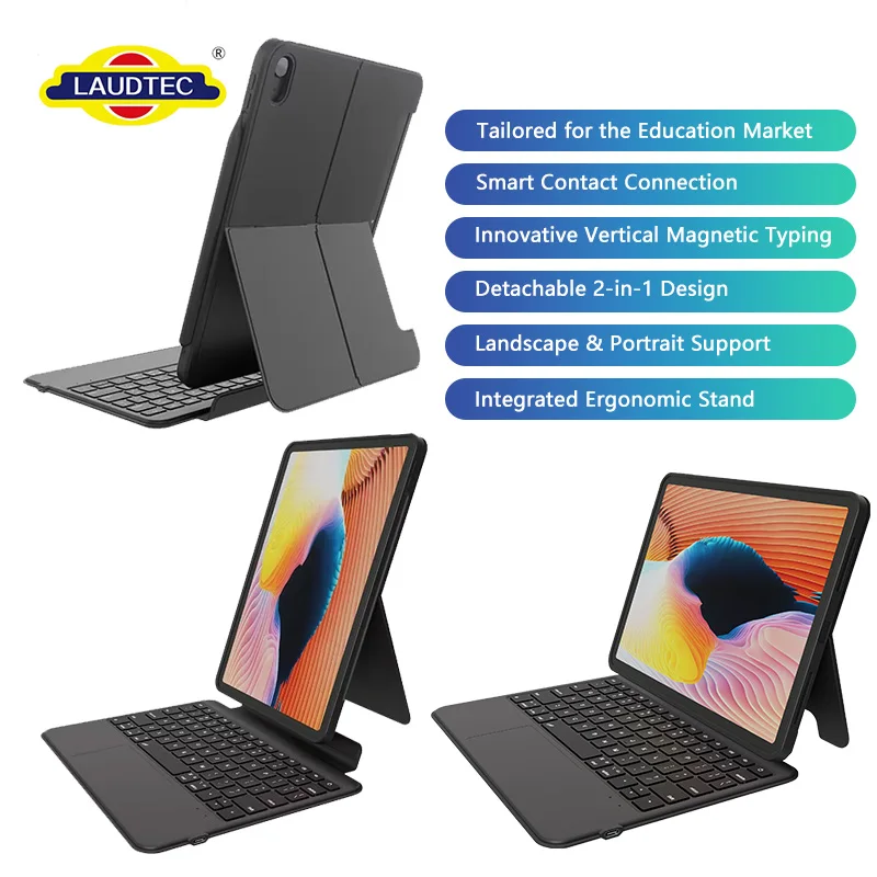 Funda con teclado personalizada para educación (OEM), con conexión directa de 3 pines para iPad 10.ª generación, iPad Air 4.ª/5.ª/6.ª/7.ª generación e iPad Pro, desmontable, con soporte ajustable para posición vertical y horizontal
