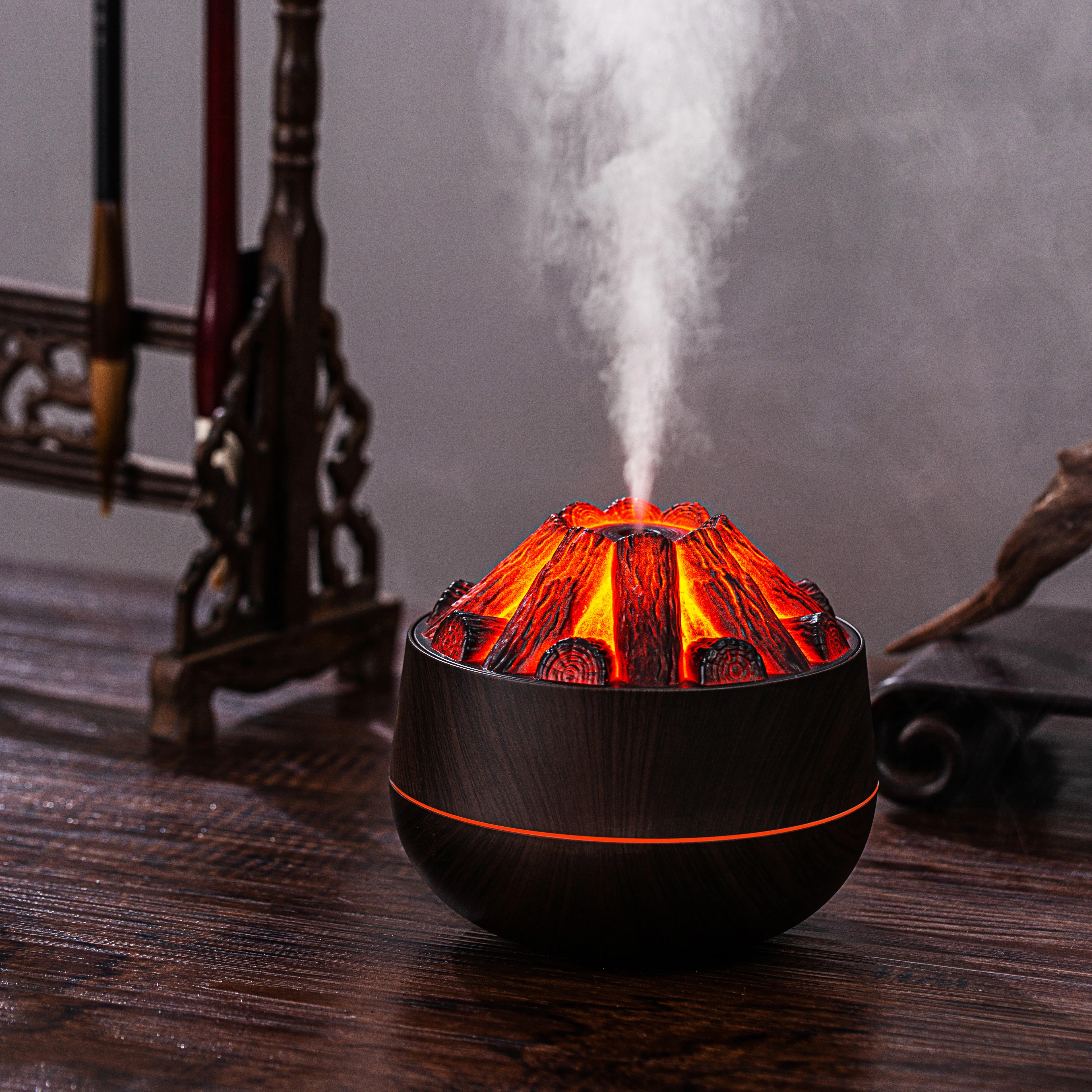 Volcano Mist Diffuser with Charcoal Fire LED Wood Grain 2-in-1 Ultrasonic Aroma Humidifier 300ml Cool Mist for Home Office Car