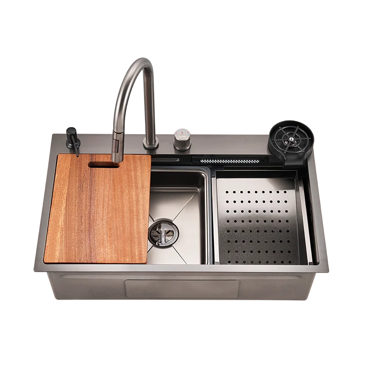 Waterfall Multifunctional Single-Bowl  Sink Handmade Stainless Steel Topmount One-Hole Durable Scratch-Resistant Kitchen Sink