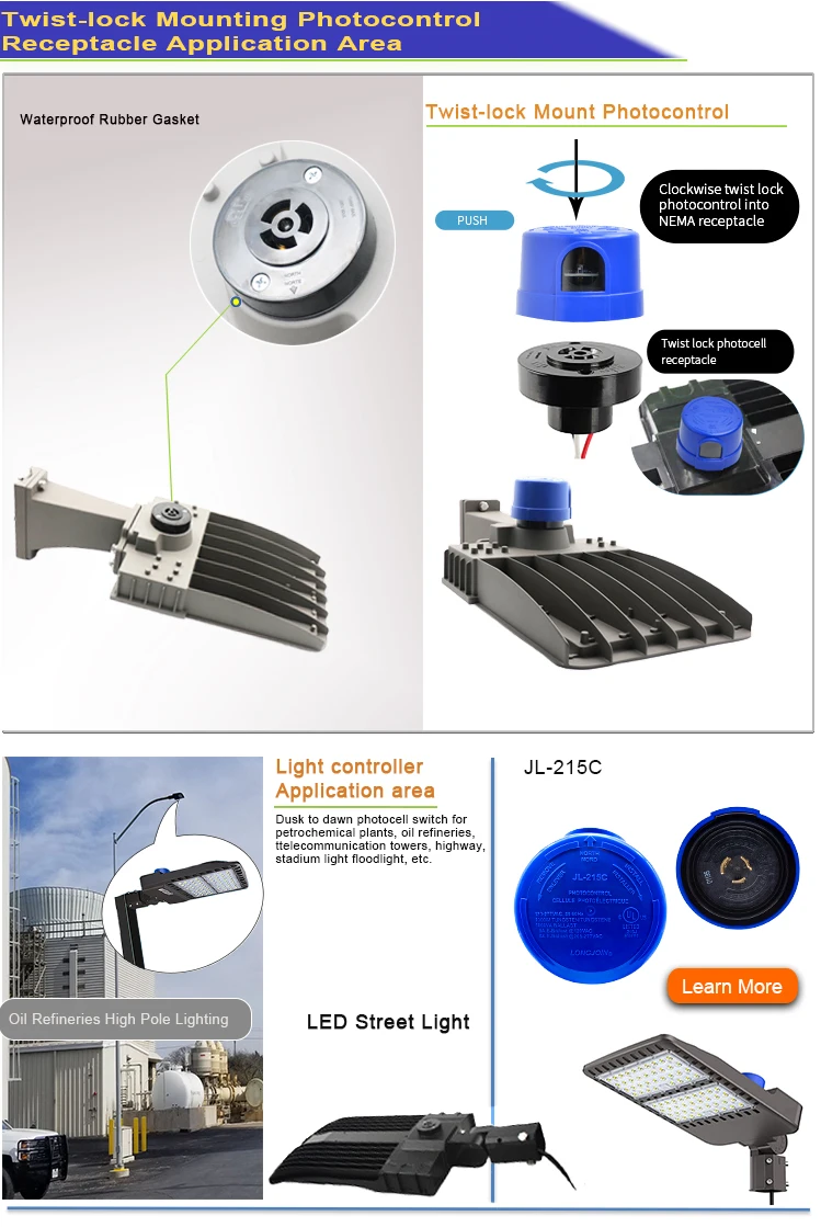 NEMA Standard Interface Street Light Photocontrol Outside Mounting on Light Shoebox Light