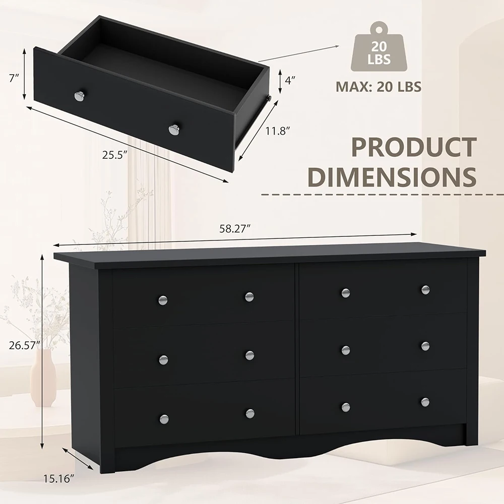 product black modern wood 6 drawer dresser for bedroom storage chest of drawers for hallway living room entryway-4