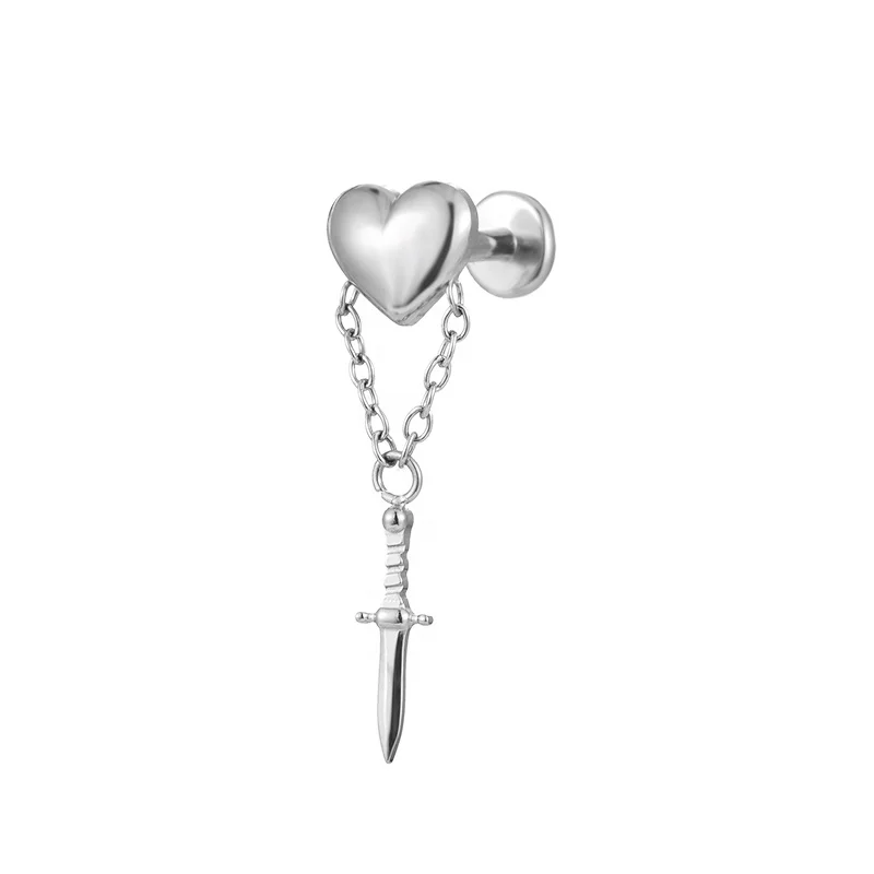 Fuxuan ASTM F136 Titanium Internally Threaded Heart with Sword Dangle Helix Conch Ear Piercings Jewelry