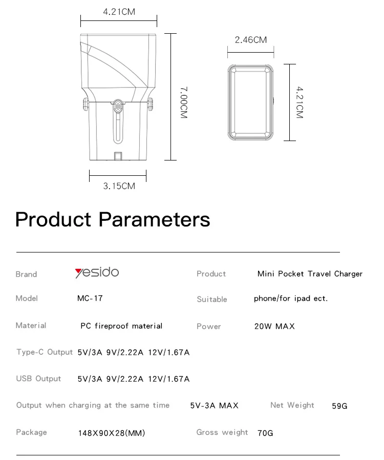 Yesido 20W USB Dual Port Support AC 3.0 Fast Charging Multi country universal Pocket Travel Charging Plug