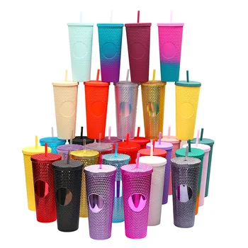 2024 Popular Reusable Drink Cup Double Wall Plastic Juice Coffee Mug 24oz Studded Tumbler With Straw