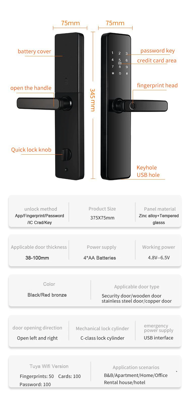 Qleung S819 Aluminium Door Fingerprint WiFi Enabled Tuya TTlock With Password Key Card dla domu 10