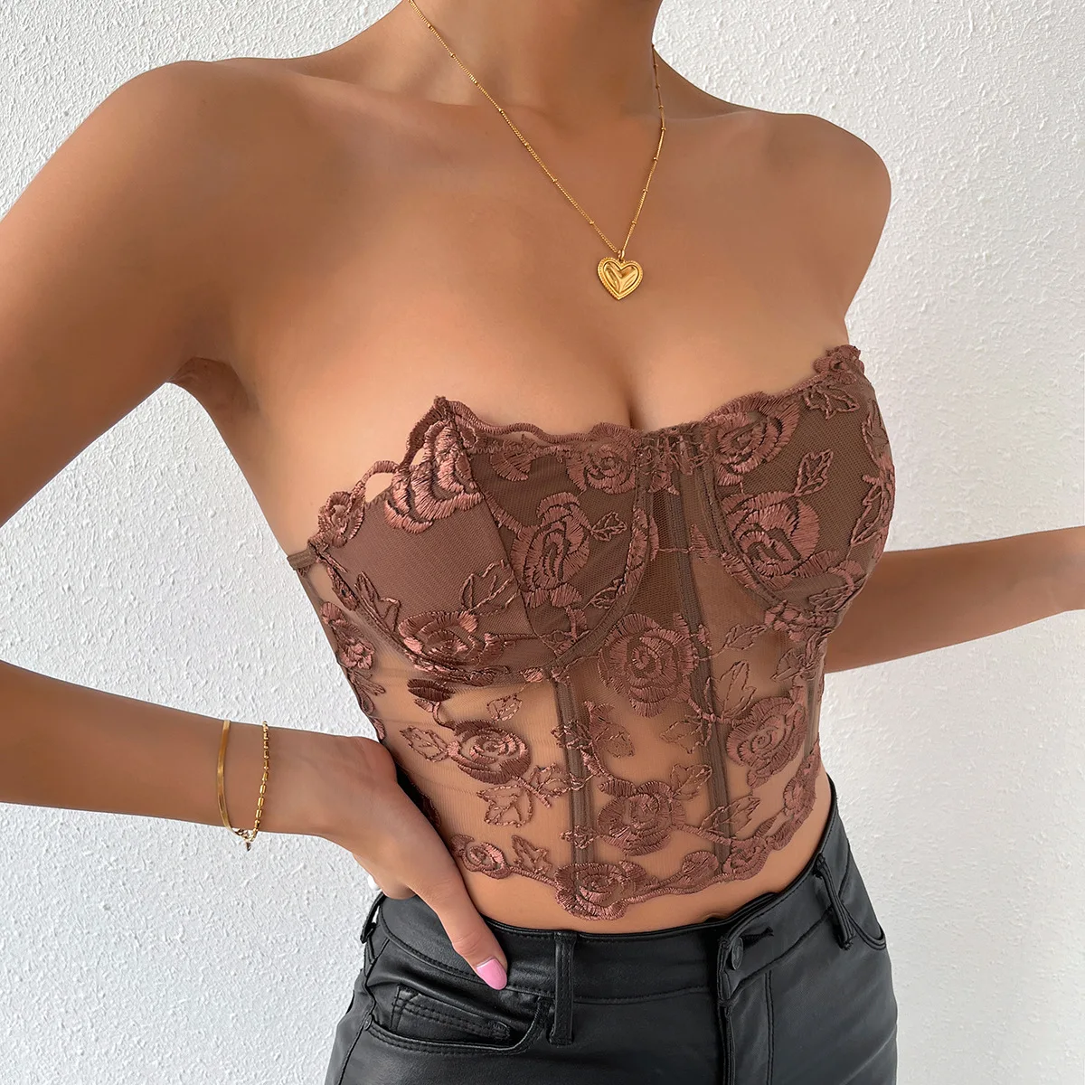 Sexy Strapless  Lace Tops Summer Corset Cami Crop Tops for Women Sleeveless Sheer Cupped Backless Tank Top