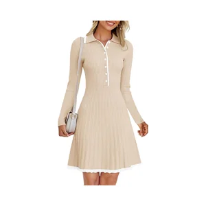 Women's Casual Simple A-Line V Neck Sweater Dress Long Sleeve Button Knit Pleated Mini Work Solid Made Viscose Natural Waist