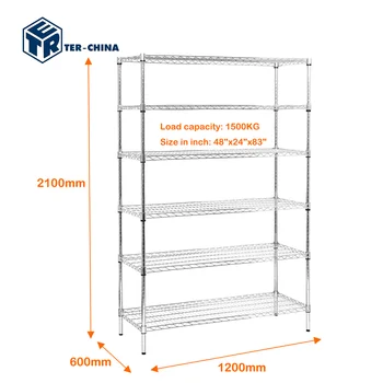 6 Tier Chrome Plated Shelving Unit 1200x600x2100mm Wire Mesh Display Rack Easy Assembled Storage Shelves Cargo&Storage Equipment