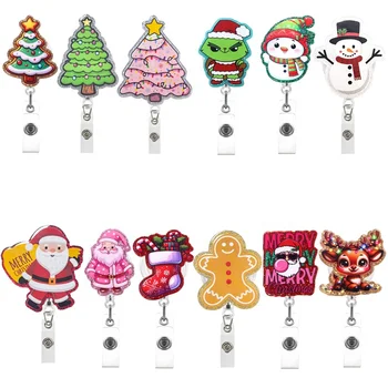 Custom Christmas Series Badge Reel Glitter Acrylic Christmas Tree Santa Claus Snowman ID Badge Holder for Nurses Students Staff