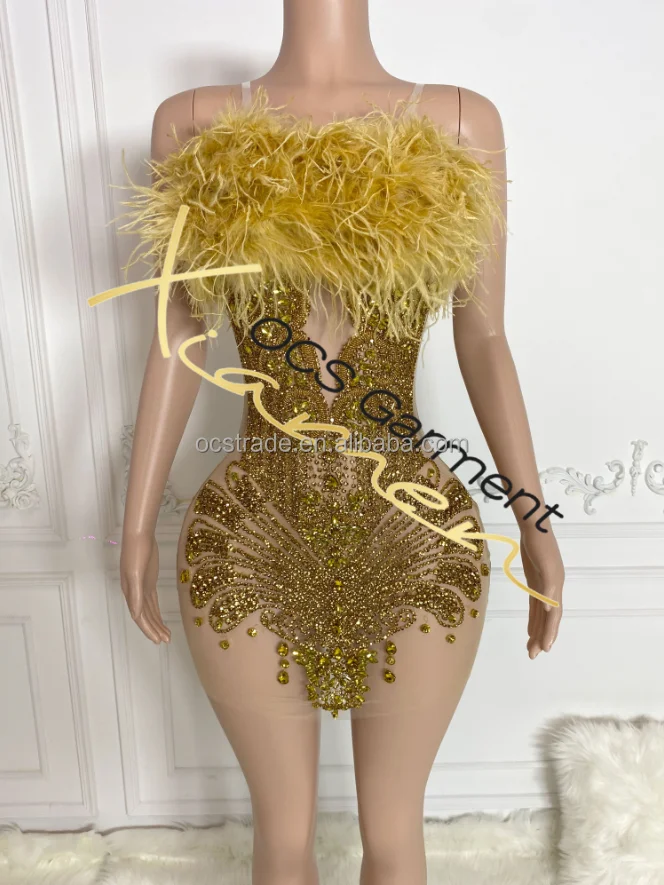 Luxury Gold Rhinestone Mini Club Dress For Party & Cocktail - Oem