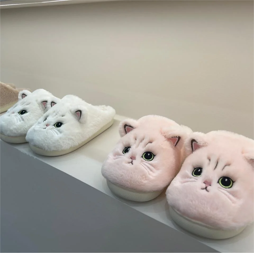 Custom logo Cute Cartoon Plush Slippers Fuzzy Warm Soft Floor Slides Funny  Hug Cat Shoes Female Flat Home slippers for Women