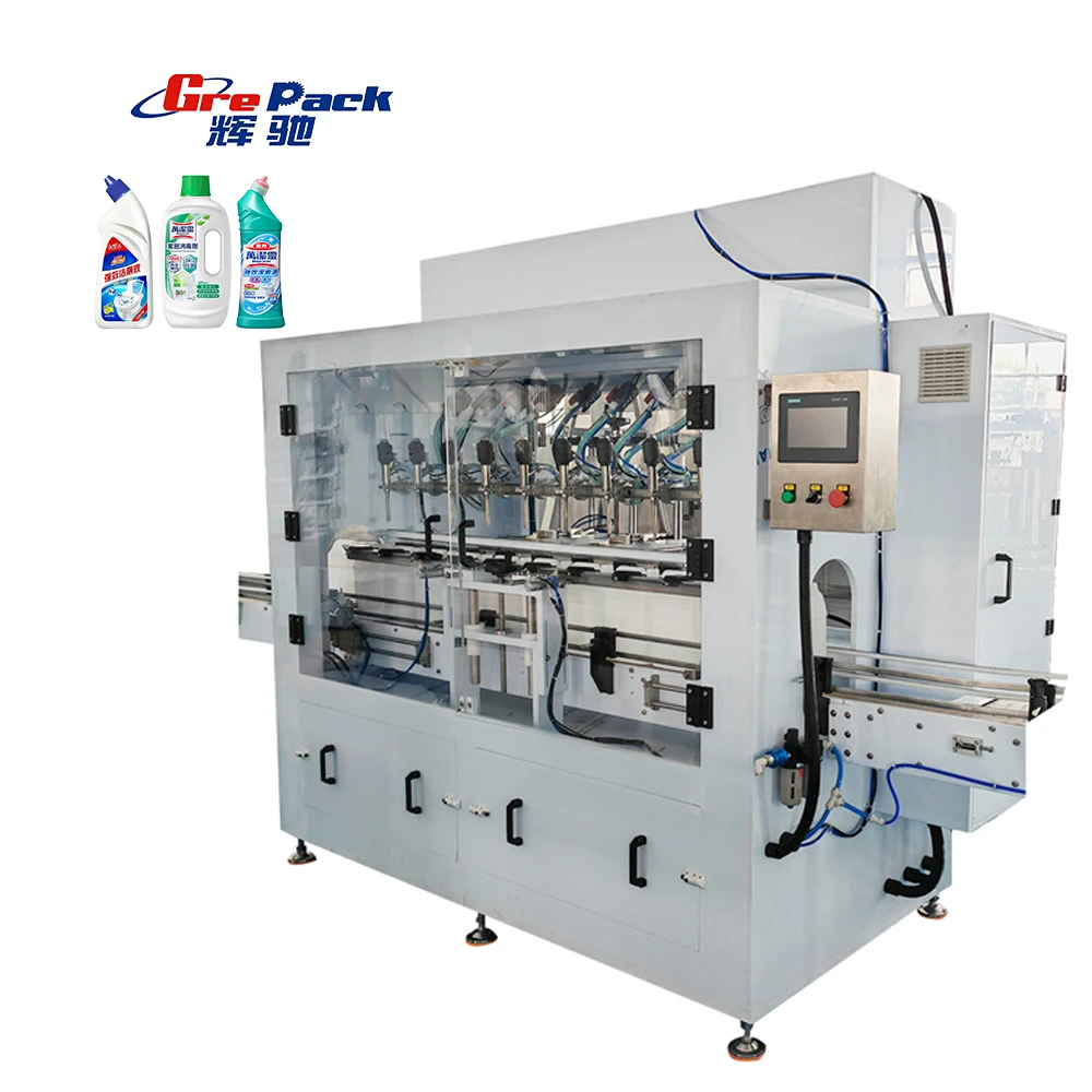 GREPACK OEM ODM Fully Automatic Gravity Linear Chlorine Containing Corrosive Liquid Filler Toilet Cleaner Filling Machine