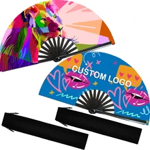 BSBH Rave Party Large Clack Anime Printed Bamboo Folding Hand Fan With Custom Printed For Wedding Dance Holiday Cooling Fans