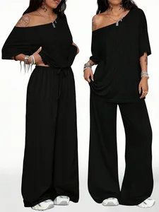 New Summer Women's Sexy Fashion Solid Color Off Shoulder One Shoulder T-shirt Loose Wide Leg Pants Sport Set
