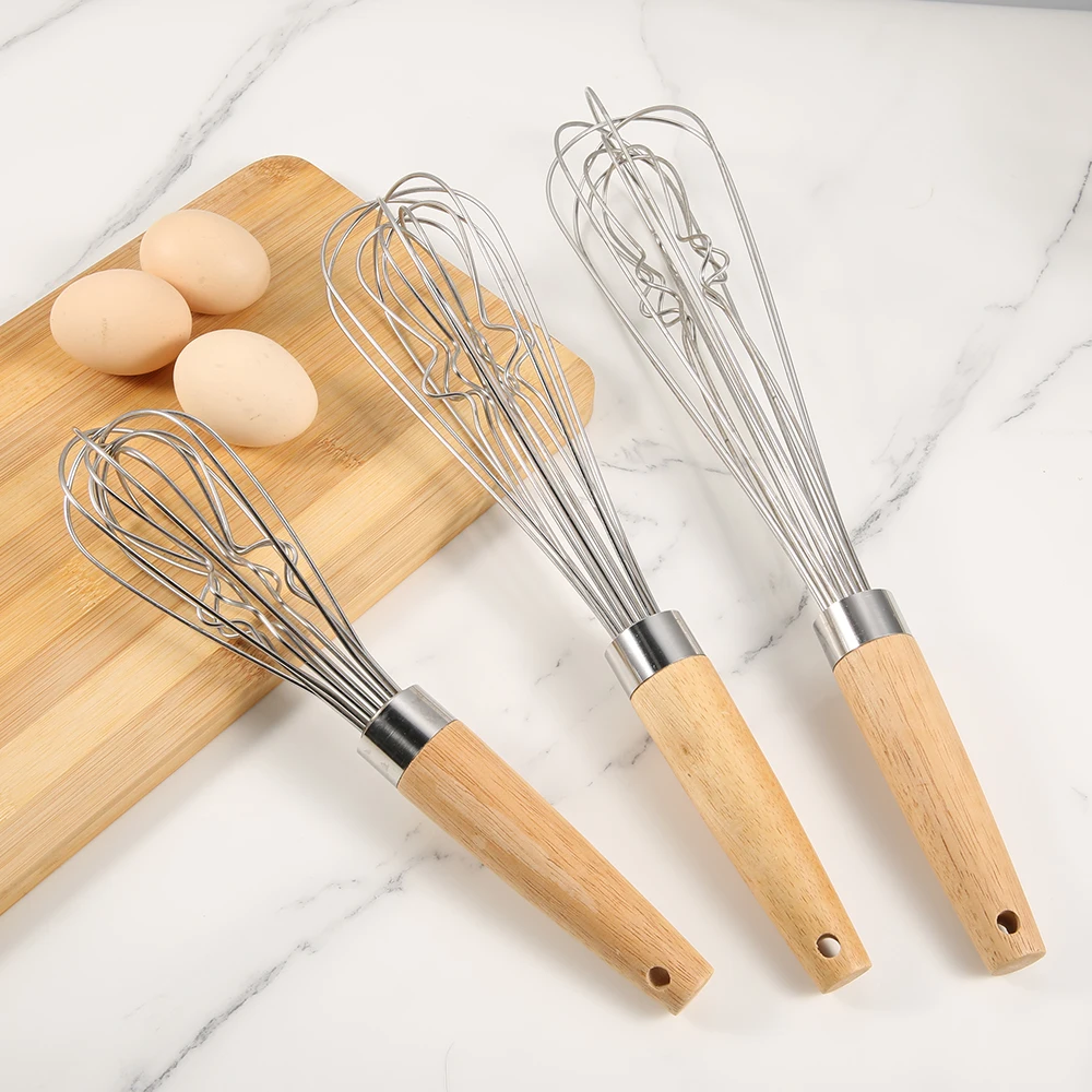 Multi-Function Stainless Steel Wire Egg Beater Non-Stick Kitchen Whisk Wooden Handle Whisking Frothing Stirring Batters Tool