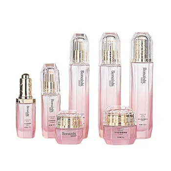 Shiny pink cosmetic bottle set cream glass jar 30 40 110 130ml skincare serum oil dropper bottle lotion pump with clear cap
