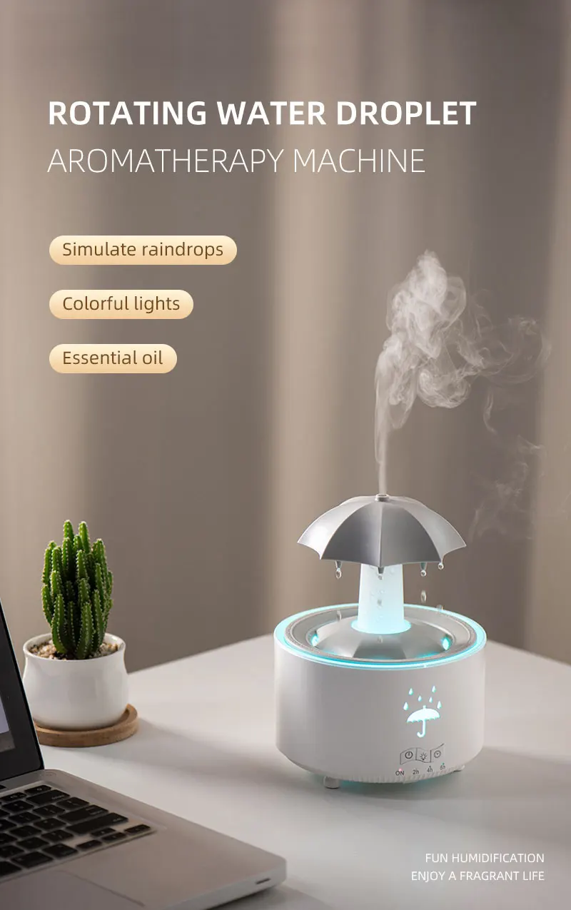 Seven Color Lighting Rotating Aroma Diffuser Essential Oil Aromatherapy Raindrop Air Humidifier with Umbrella for Household