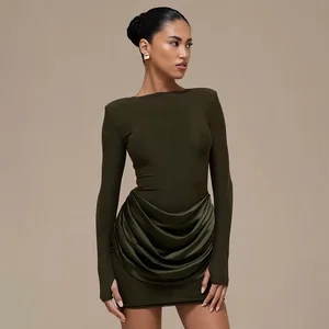 Long Sleeve Ruched Sexy Mini Dress Women Gown Elegant Satin Patchwork O Neck High Waist Fashion Club Party Dresses