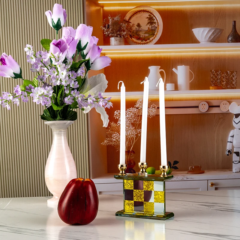 New Design Compact Gold Mirror Glass Candlestick Wedding Home Decoration Crystal Candlestick