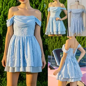 Custom Clothing Off Shoulder Blue Lace Women Casual Summer Slim Fit Sexy Mini Dresses