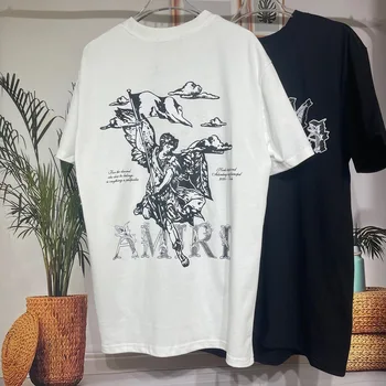 Fashion fashion brand AM summer new short-sleeved T-shirt men's and women's same loose back pair printing