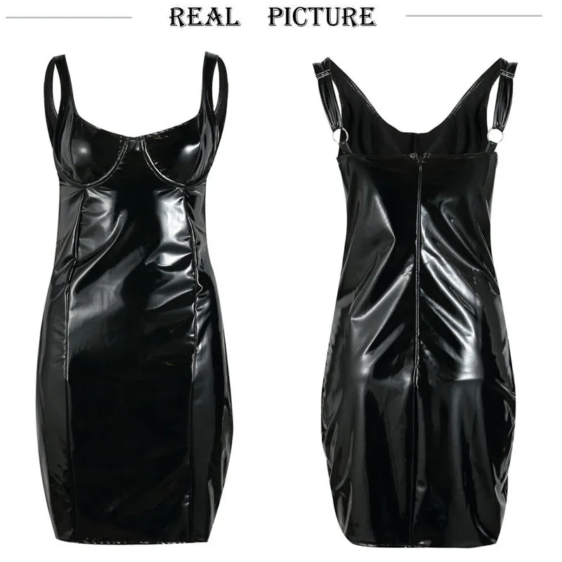Women Latex Faux Leather Bodycon Mini Dress Sleeveless Strap Sexy Club Dress