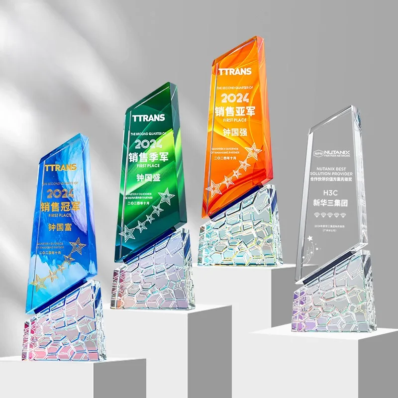 product wholesale customization color crystal glass trophy high quality sublimation blank crystal trophy award with base and gift box-31