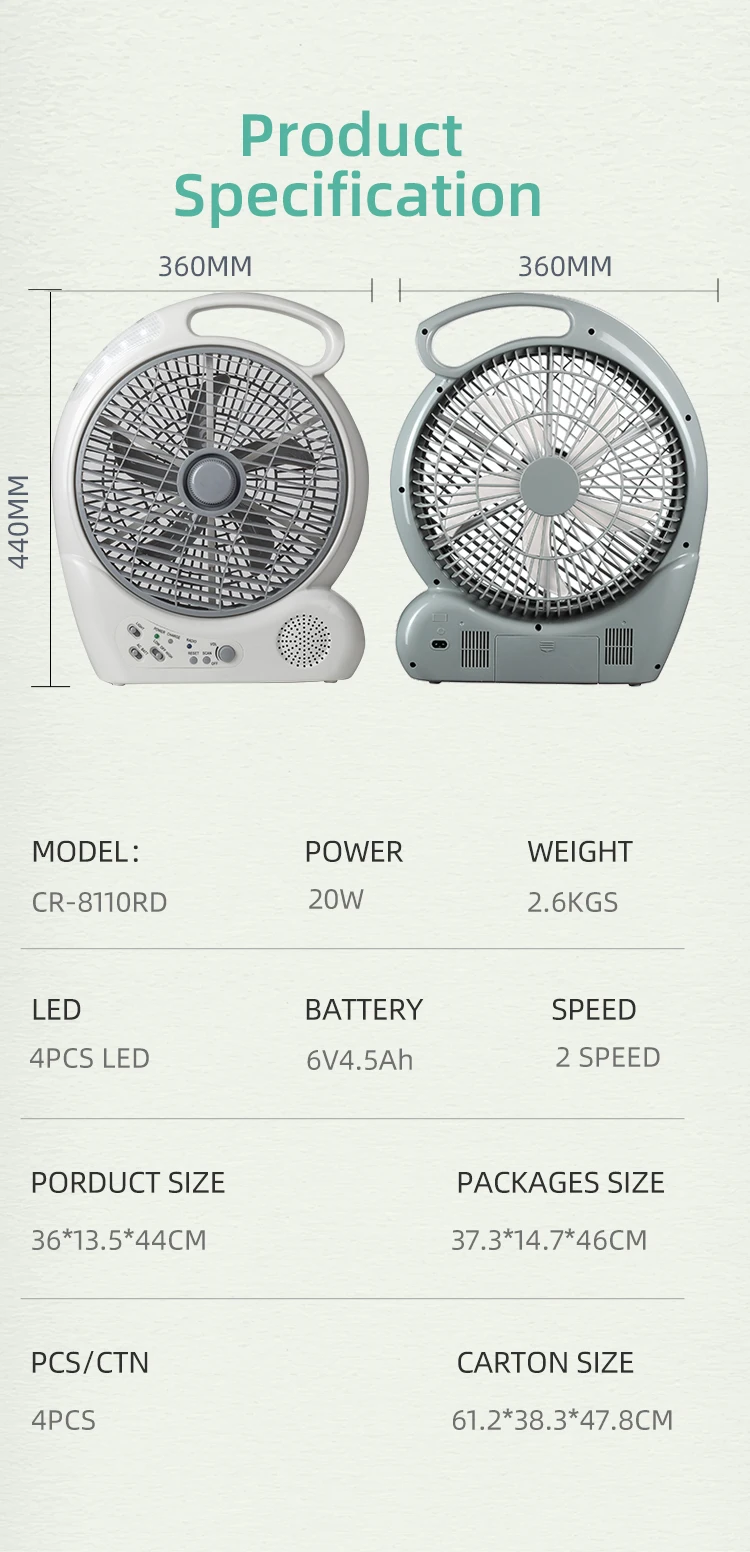 10 Inch Rechargeable Leadacid Battery Box Fan With Radio Led Light